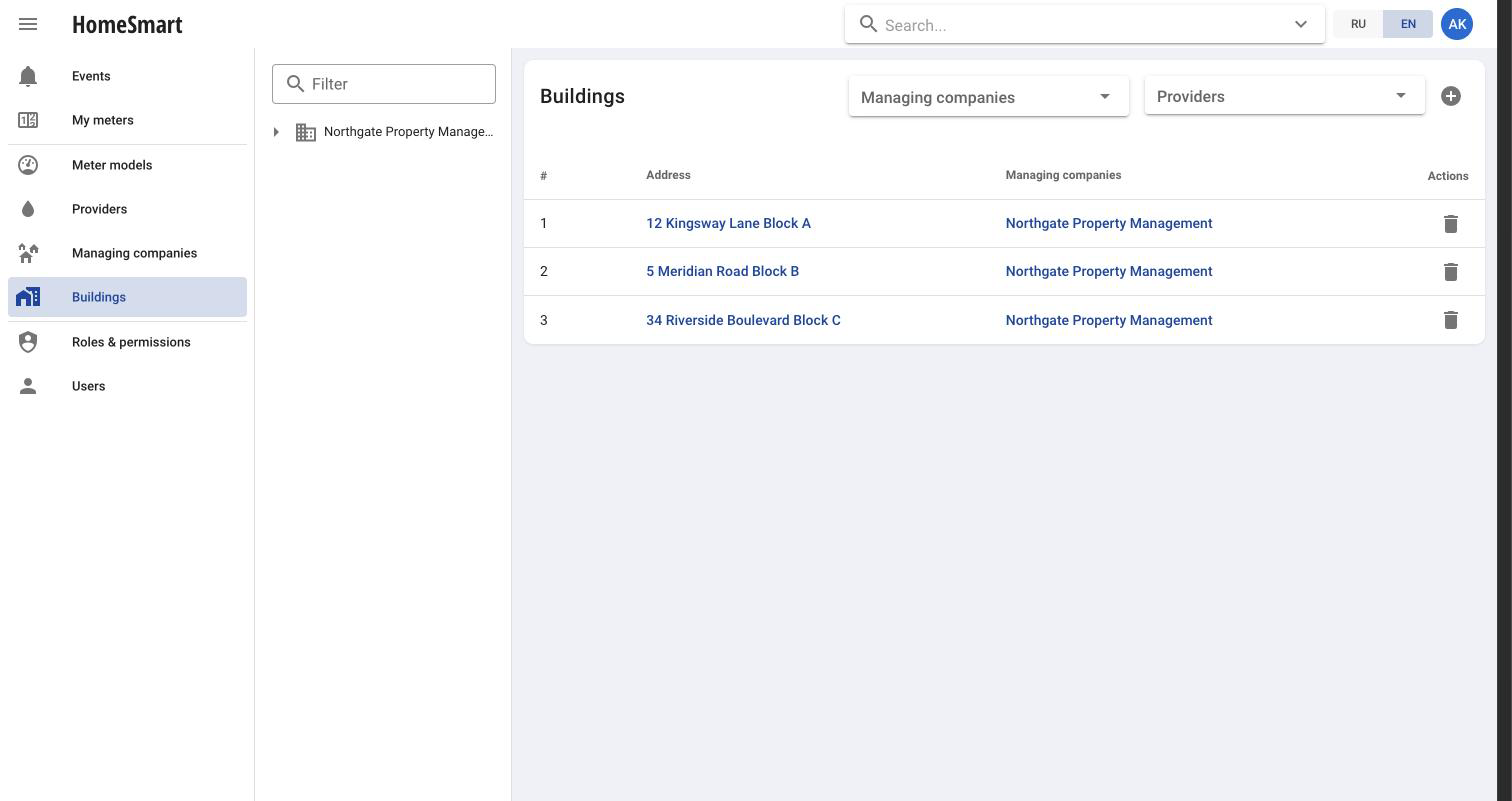 Global buildings registry across all managing companies, filterable by company and provider