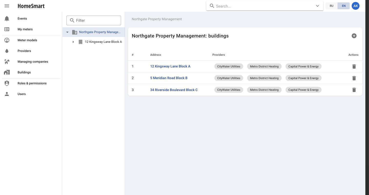 Buildings belonging to one managing company, each row showing the resource providers connected to it