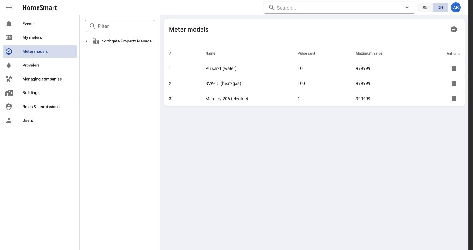 Meter model catalog with pulse cost and maximum value for each model