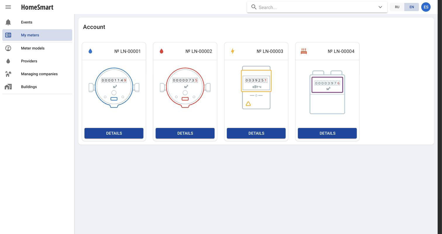 Subscriber dashboard showing four meter cards — cold water, hot water, electricity and heat — each with a live reading